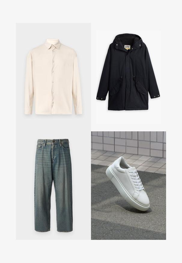 Black waterproof parka with a detachable hood, drawstring waist, two side pockets, and a soft lining. Features snap closures and durable fabric.; Long-sleeve shirt in light beige, featuring vertical ribbed texture, classic collar, and front button closure with matching buttons.; Light blue denim jeans with a loose fit, mid-rise waist, and straight legs. Features five pockets, belt loops, and a button closure.; White leather sneaker with a smooth surface, round toe, and flat white laces. Features a textured rubber sole and minimal design elements.