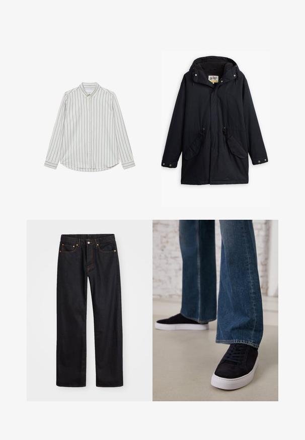 Zwarte waterdichte parka met een afneembare capuchon, een taille met trekkoord, twee zijzakken en een zachte voering. Voorzien van drukknoopsluitingen en duurzaam materiaal.; Katoenen overhemd met lange mouwen, voorzien van verticale blauwe en crèmekleurige strepen, puntkraag en ronde onderrand. Inclusief knopen aan de voorkant.; Heren straight-leg zwarte denim jeans met vijf zakken en oranje stiksels, knoop- en ritssluiting op de voorkant van de tailleband.; Donkerblauwe suède sneakers met een witte rubberen zool en veters, gecombineerd met wijde denimjeans in een middelblauwe wassing.