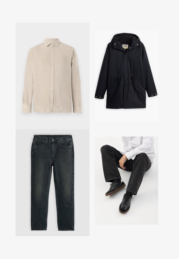 Fekete vízálló parka leválasztható kapucnival, húzózsinóros derékkal, két oldalsó zsebből és puha béléssel. Patentos záródással és tartós anyaggal rendelkezik.; Világos bézs kordbársony ing gombos elejével, hosszú ujjakkal és gallérral. Függőleges bordás textúrával borítva. Vékony fazon.; Sötétkék farmernadrág, egyenes fazonnal, ött zsebbel, cipzáras sliccel és kontrasztos varrással. A szövet enyhe kopása.; Fekete tornacipők sima és texturált felsőrészel, gumitalppal és sötét cipőfűzőkkel. Fekete farmernadrággal és fehér csíkos inggel párosítva.