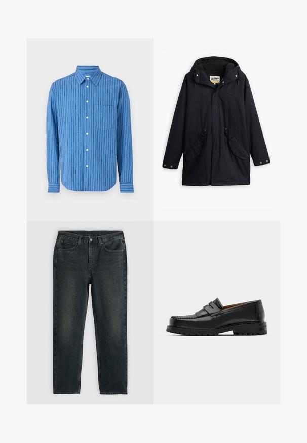 Parka impermeável preta com capuz destacável, cintura com cordão, dois bolsos laterais e um forro macio. Apresenta fechos de pressão e tecido durável.; Camisa azul de manga longa com riscas horizontais. Apresenta uma frente com botões, colarinho e um bolso no peito. Feita de um tecido texturizado.; Jeans de denim azul-escuro com corte reto, apresentando cinco bolsos, fecho de zip e costura em contraste. Desgaste sutil no tecido.; Os mocassins de couro preto apresentam uma costura elevada, duas tiras decorativas na parte superior e uma sola grossa e texturizada para maior aderência.