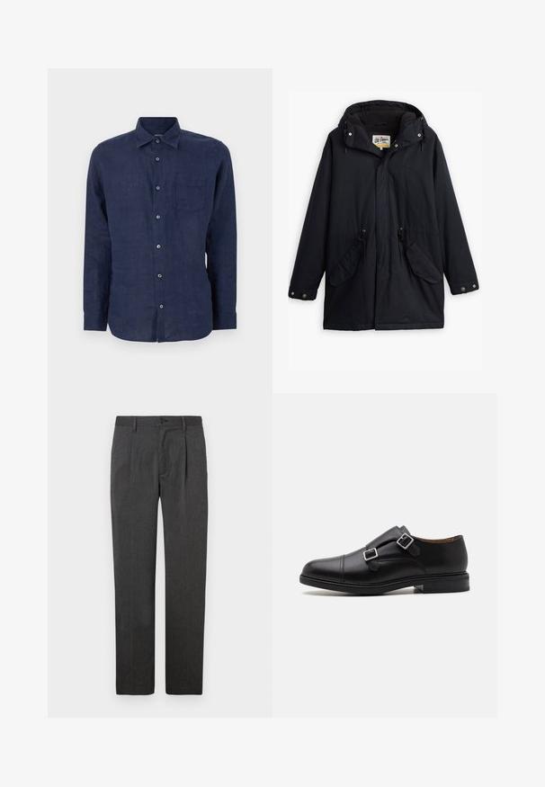 Parka impermeável preta com capuz destacável, cintura com cordão, dois bolsos laterais e um forro macio. Apresenta fechos de pressão e tecido durável.; Camisa de manga longa azul-marinho em linho, com fecho de botões à frente, colarinho e um único bolso no peito para um detalhe adicional.; Calças cinzentas sob medida com um corte reto, apresentando um plissado frontal, fecho de zip e botão. Textura suave, design clássico.; Sapata de couro preto com fecho de fivela dupla, biqueira arredondada, costura subtil e sola de borracha texturada e plana.