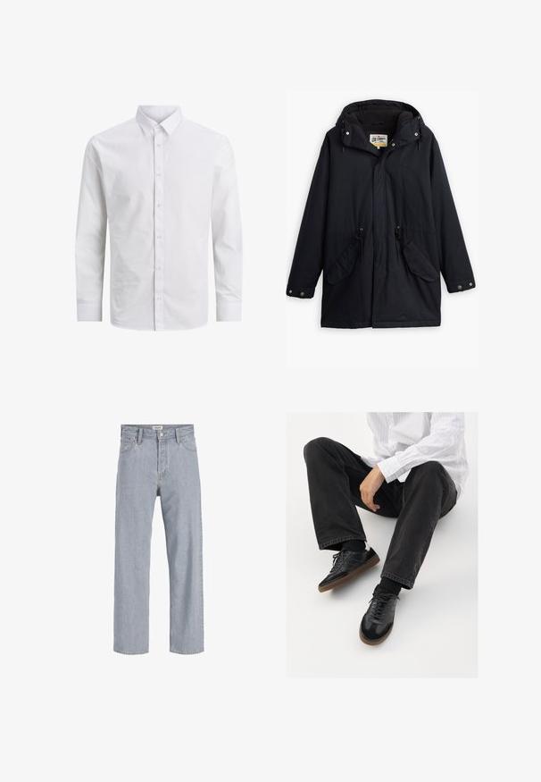 Juodas vandeniui atsparus parka su nuimamu kapišonu, raišteliu juosmeniui, dviem šoninėmis kišenėmis ir minkštu pamušalu. Yra spaudimo užsegimai ir patvari medžiaga.; Ilga rankovė balta marškiniai pagaminti iš lygios medvilnės, su klasikiniu apykakle ir priekyje esančia mygtukų uždarymo sistema, be raštų ar akcentų.; Šviesiai mėlynos džinsinės kelnės su laisvu siluetu, tiesiomis kojomis, matomomis siūlėmis, dviem priekiniams kišenėmis ir mygtukų užtrauktuku.; Juodi sportbačiai su lygiu ir tekstūruotu paviršiumi, turi guminį padas ir tamsias raištelius. Suderinti su juodomis džinsais ir balta juostuota marškinėliais.