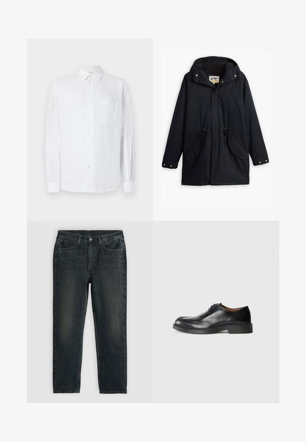 Čierna nepremokavá parka s odnímateľnou kapucňou, sťahovacím pásom v páse, dvoma bočnými vreckami a mäkkou podšívkou. Obsahuje patentky a odolný materiál.; Biela ľanová košela s dlhými rukávmi, gombíkovou légu a vreckom na hrudi. Mäkka textúra a voľný strih. Vhodná na neformálne nosenie.; Tmavomodré džínsy z denimu so strihom rovného strihu, ktoré majú päť vreciek, zips a kontrastné stehy. Na látke sú jemné ošúchané miesta.; Čierne kožené spoločenské topánky s округlým špičkou, hladkým povrchom, šnúrkovými detailmi a nízkou, textúrovanou gumovou podrážkou. Čisté línie a minimalistický dizajn.