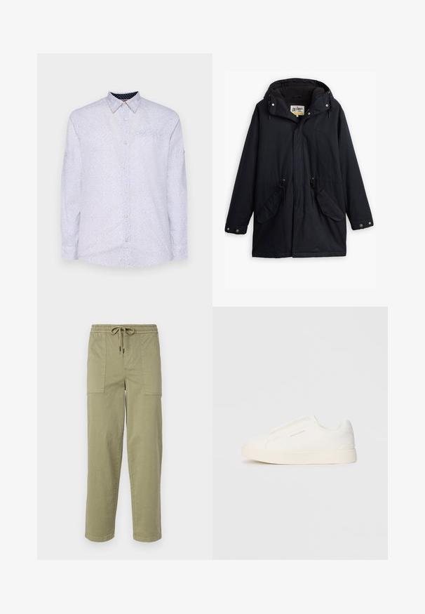 Parka impermeável preta com capuz destacável, cintura com cordão, dois bolsos laterais e um forro macio. Apresenta fechos de pressão e tecido durável.; Camisa branca de manga longa com pequenas bolinhas azuis-marinho, gola abotoada e bolso no peito. Apresenta punhos abotoados e uma textura suave.; Calças verde-oliva claras feitas de um tecido de algodão misto, com um cós elástico com cordão e dois bolsos laterais grandes.; Sapatilhas brancas de atacar com uma superfície texturizada, sola grossa e design minimalista. Possui o logo da marca na lateral.