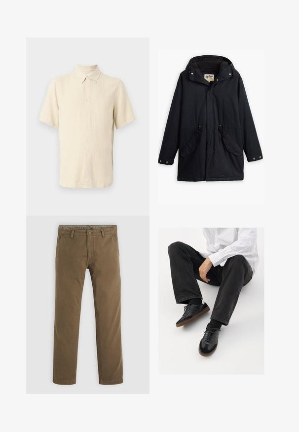 Black waterproof parka with a detachable hood, drawstring waist, two side pockets, and a soft lining. Features snap closures and durable fabric.; Light beige short-sleeve shirt made of textured fabric, featuring a button-down collar and vertical ribbed pattern with front buttons.; Khaki cotton pants with a straight leg design, featuring a button closure, two front pockets, and a smooth texture.; Black sneakers with a smooth and textured upper, featuring a rubber sole and dark laces. Paired with black jeans and a white striped shirt.