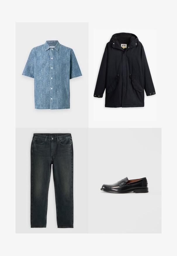Parka impermeável preta com capuz destacável, cintura com cordão, dois bolsos laterais e um forro macio. Apresenta fechos de pressão e tecido durável.; Camisa de manga curta em tecido de denim azul com acabamento texturizado, apresentando uma gola clássica e botões brancos.; Jeans de denim azul-escuro com corte reto, apresentando cinco bolsos, fecho de zip e costura em contraste. Desgaste sutil no tecido.; Mocassim de couro preto com bico arredondado, detalhe de costura elevada no vamp, e um salto baixo empilhado. Textura suave e design formal.