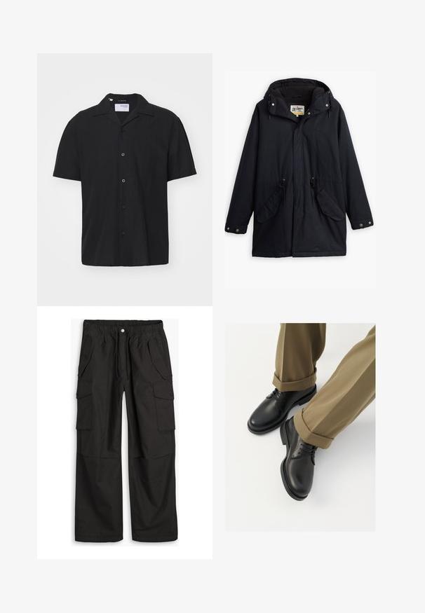Parka nera impermeabile con cappuccio staccabile, vita regolabile con cordino, due tasche laterali e una fodera morbida. Dotato di chiusure a scatto e tessuto resistente.; Maglietta nera a maniche corte in lino con colletto classico, chiusura frontale con bottoni e vestibilità leggermente rilassata. Texture morbida.; Pantaloni cargo neri con cintura elastica, chiusura a bottoni e zip, e numerose tasche a pattina con bottoni sul davanti e sui lati.; Scarpe da uomo in pelle nera con una finitura liscia, dotate di lacci e punta arrotondata, abbinate a pantaloni khaki arrotolati.