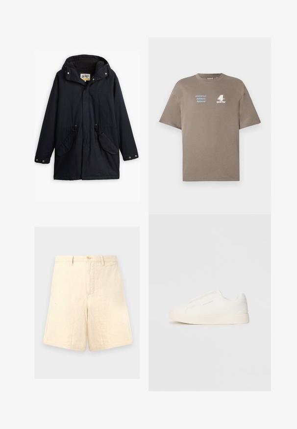 Svart vattentät parka med avtagbar huva, dragsko i midjan, två sidofickor och ett mjukt foder. Har knäppningar och slitstarkt tyg.; Brun bomullströja med rund halsringning. Har blå text "Universal Athletic Apparel" och vitt "4th quarter"-logotyp på framsidan. Kort ärm.; B trousersbeige linneshorts med skräddarsydd passform, som har en framknäppning, två sidofickor och en subtil textur.; Vita slip-on sneakers med en texturerad yta, en tjock sula och minimalistisk design. Har varumärkeslogotypen på sidan.