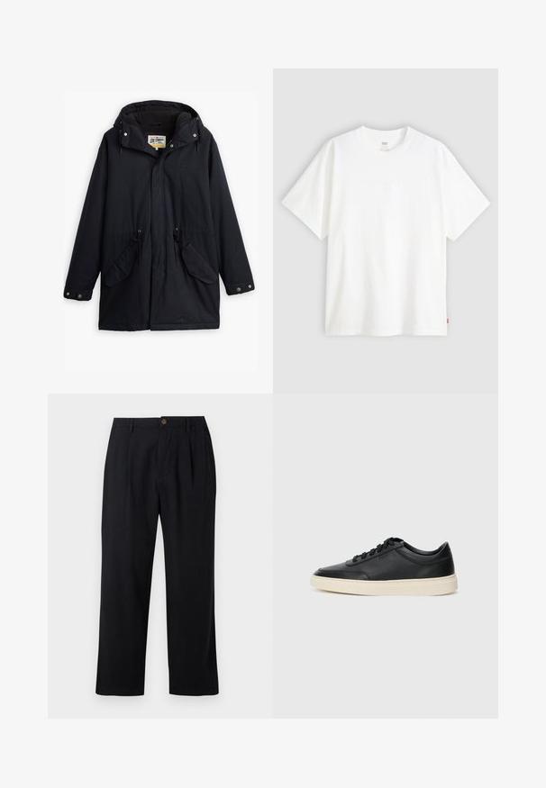 Must värvitud veekindel parka äratavaba kapuutsi, reguleeritava vöökoha, kahe küljetasku ja pehme voodriga. Omab nööpkinnitusi ja vastupidavat kangast.; Valge lühikeste varrukatega puuvillane T-särk, millel on ümmargune kaelus. Ees on peene reljeefse logoga detail ja hemmi peal punane silt.; Kerged mustad püksid, millel on volditud esiosa, sirged sääred ja üks pruun nupp vööl.; Mustad musta nahast madal sneaker mustade nööpidega ja kreemivalge tallaga, nähtud külgprofiilis valge tausta ees.