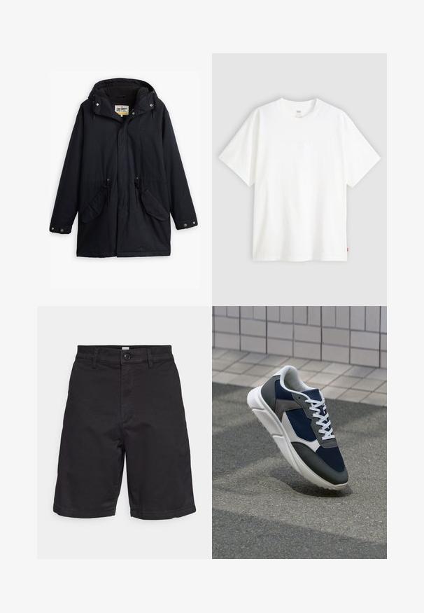 Črna nepremočljiva parka z odstranljivo kapuco, vrvico v pasu, dvema stranskima žepoma in mehkim podlogom. Vključuje gumbe za zapiranje in trpežno tkanino.; Bela kratka majica s kratkimi rokavi iz bombaža s krožnim izrezom. Ima diskretno embosirano logotipno podrobnost spredaj in rdečo etiketo na robu.; GAP ESSENTIAL SHORT - Kratke hlače - true black; Superge z zgornjim delom iz mrežaste tkanine v mornarsko modri barvi, sivi usnjeni poudarki, belo gumijasto podplato in ravnimi belimi vezalkami, zasnovane za udobje in zračnost.