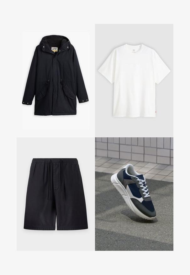 Parka noire imperméable avec capuche amovible, taille réglable par cordon, deux poches latérales et doublure douce. Comprend des fermetures à pression et un tissu durable.; T-shirt blanc à manches courtes en coton avec col rond. Présente un détail de logo en relief discret à l'avant et une étiquette rouge à l'ourlet.; Shorts noirs avec une taille élastique, dotés d'un cordon de serrage, de poches latérales et d'un tissu léger pour plus de confort. Coutures visibles.; Baskets avec une tige en mesh bleu marine, des accents en suède gris, une semelle en caoutchouc blanc et des lacets plats blancs, conçues pour le confort et la respirabilité.