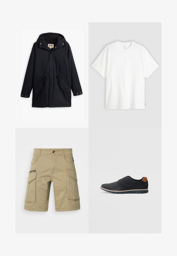 Μαύρο αδιάβροχο παρκά με αποσπώμενη κουκούλα, ελαστική μέση, δύο πλαϊνές τσέπες και μαλακή επένδυση. Διαθέτει κλείσιμο με κουμπιά και ανθεκτικό ύφασμα.; Λευκό κοντομάνικο μπλουζάκι φτιαγμένο από βαμβάκι με στρογγυλή λαιμόκοψη. Διαθέτει υποτυπώδη ανάγλυφο λογότυπο μπροστά και κόκκινη ετικέτα στο στρίφωμα.; Μπεζ cargo σορτσάκια κατασκευασμένα από ανθεκτικό ύφασμα, με πολλές τσέπες, τσέπη με φερμουάρ στο πλάι και ραμμένα σχέδια. Κανονική μέση με κουμπί.; Μαύρα συνθετικά παπούτσια με υφή στην επάνω πλευρά, λεία διακοσμητικά στοιχεία, καφέ τακούνι και αντίθετη σόλα. Διαθέτουν ελάχιστο κορδόνια και λεπτομέρειες ραφής.