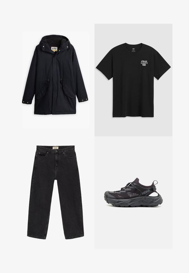 Črna nepremočljiva parka z odstranljivo kapuco, vrvico v pasu, dvema stranskima žepoma in mehkim podlogom. Vključuje gumbe za zapiranje in trpežno tkanino.; Črna bombažna majica s tiskom na prsih, ki prebere "HOUSE PLANTS" v beli stilizirani pisavi, pod njim pa je zapisano "Levi's". Klasičen kroj z okroglim izrezom.; Črne denim hlače s sproščenim krojem. Imajo pet žepov, sprednjo zaponko na gumb in podrobnosti s šivi. Rahlo zbledel videz.; Črne športne čevlje z lahkotnim mrežastim zgornjim delom, debelim gumo podplatom in elastičnim sistemom vezalk. Stranske odprtine nudijo zračnost in oporo.