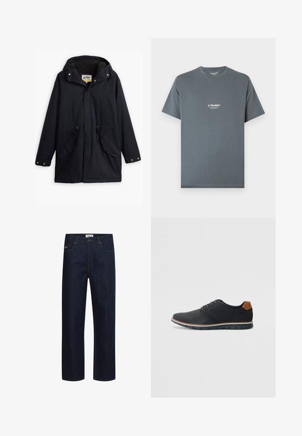 Must värvitud veekindel parka äratavaba kapuutsi, reguleeritava vöökoha, kahe küljetasku ja pehme voodriga. Omab nööpkinnitusi ja vastupidavat kangast.; Jack & Jones JJESOHO TEE CREW NECK - Lihtne T-särk - stormy weather; Tumedast sinisest denimist sirge jala disainiga teksapükse. Omavad oranži õmblust, eesmine taskut ja nööp sulgemist vööl.; Mustavad sünteetilised jalatsid tekstureeritud pealsega, siledad aktsendid, pruun kand ja kontrastne tall. Omab minimaalset lukkude ja õmbluste dekoratsiooni.