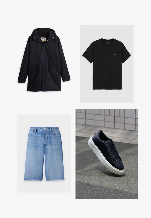 Parka negra impermeable con capucha desmontable, cintura ajustable con cordón, dos bolsillos laterales y forro suave. Presenta cierres a presión y un tejido duradero.; Camiseta de algodón negra de manga corta, con cuello redondo, presenta un pequeño logo blanco de Levi's en el pecho, textura suave, corte clásico.; Bermudas de mezclilla azul claro con un corte holgado, que incluyen una cremallera, cierre de botón, cinco bolsillos y una textura sutilmente deslavada.; Zapatilla de cuero negro con punta redonda y suela de goma blanca. Presenta cordones planos y un mínimo de costuras en la parte superior. Suela texturizada para proporcionar agarre.