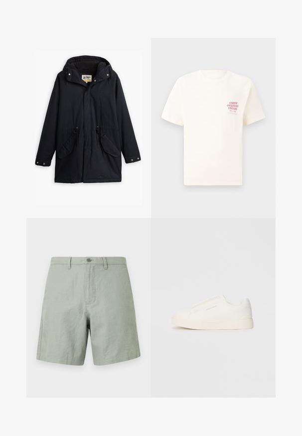 Parka neagră impermeabilă cu glugă detașabilă, talie ajustabilă cu șnur, două buzunare laterale și o căptușeală moale. Dispune de închideri cu capse și material rezistent.; Tricou alb cu mânecă scurtă, având text roșu "Studio Originals Edition" pe partea stângă a pieptului, expus pe un fundal gri neutru.; Pantaloni scurți din in verde deschis cu un tiv drept, închidere cu un singur buton și buzunare laterale. Tiv plat cu detalii minime de coase.; Tenisi albi slip-on cu o suprafață texturată, talpă groasă și un design minimalist. Prezintă logo-ul brandului pe lateral.