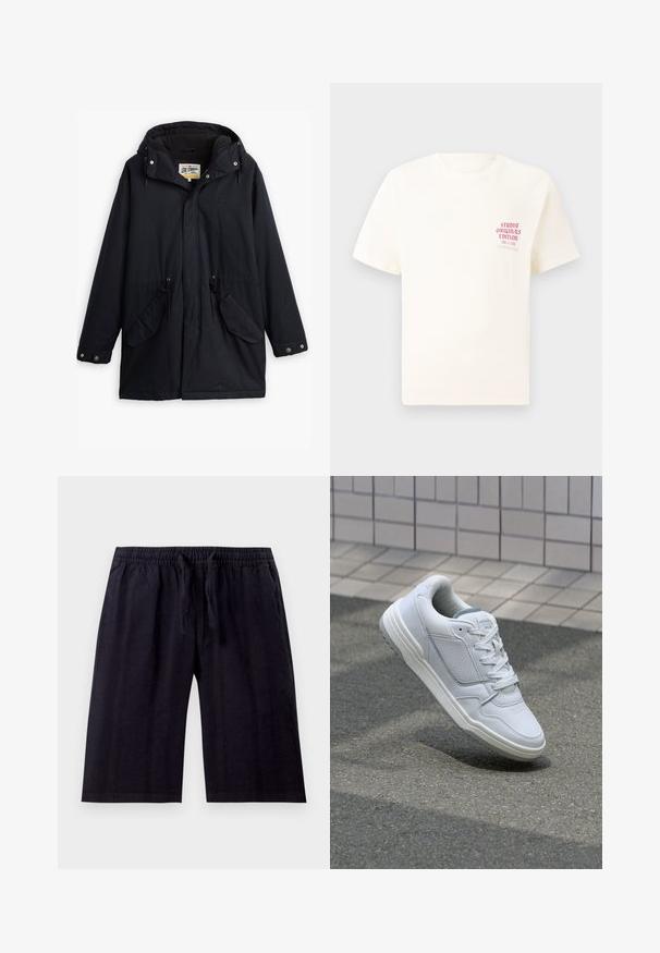 Juodas vandeniui atsparus parka su nuimamu kapišonu, raišteliu juosmeniui, dviem šoninėmis kišenėmis ir minkštu pamušalu. Yra spaudimo užsegimai ir patvari medžiaga.; Balta trumpa rankovėmis marškinėliai su raudonu užrašu "Studio Originals Edition" kairiajame krūtinės šone, rodomi neutralioje pilkoje aplinkoje.; Juodos, iki kelių ilgio šortai, pagaminti iš lengvos medžiagos. Turi elastinį juosmenį su raišteliu ir lygų paviršių. Paprastas dizainas.; Baltos odinės sportinės bateliai su perforuotais šonais, tekstūruotais akcentais, plokščiomis raištelėmis ir kontrastingu pilku kulnu. Yra šiek tiek pakelti padas.