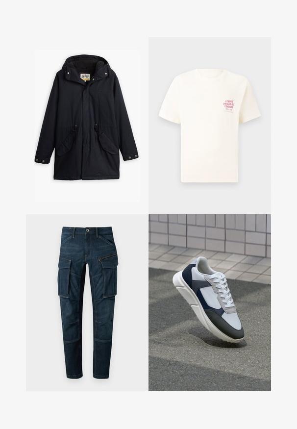 Fekete vízálló parka leválasztható kapucnival, húzózsinóros derékkal, két oldalsó zsebből és puha béléssel. Patentos záródással és tartós anyaggal rendelkezik.; Fehér, rövid ujjú póló, bal mellen piros szöveggel "Studio Originals Edition", semleges szürke háttér előtt.; Sötét farmer cargo nadrág, több zsebbel, egy cipzáras oldalzsebbel és taperelt lábszárral. Megerősített varrás és klasszikus gombos zárás.; Fehér, tengerészkék és szürke sneaker vegyes anyagokból készült dizájnnal, amely textúrázott felsőrésszel, lapos fűzőkkel és párnázott talppal rendelkezik.