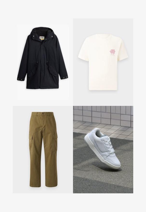 Črna nepremočljiva parka z odstranljivo kapuco, vrvico v pasu, dvema stranskima žepoma in mehkim podlogom. Vključuje gumbe za zapiranje in trpežno tkanino.; Bela majica s kratkimi rokavi z rdečim napisom "Studio Originals Edition" na levi strani prsnega koša, prikazana na nevtralnem sivo backgroundu.; Olive zelene cargo hlače iz bombaža, z ravnim krojem, sprednjim gumbom in dvema stranskima žepoma s poklopci.; Bela usnjena superga s perforiranimi stranicami, teksturiranimi detajli, ravnimi vezalkami in kontrastno sivo peto. Ima rahlo dvignjen podplat.