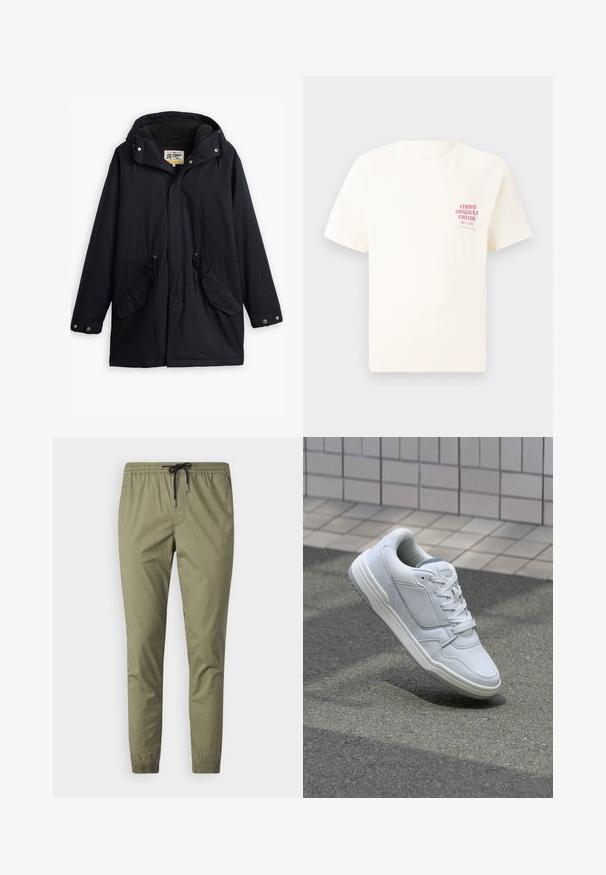 Černá voděodolná parka s odnímatelnou kapucí, stažením v pase, dvěma bočními kapsami a měkkou podšívkou. Obsahuje patentky a odolnou tkaninu.; Bílý krátký rukávový tričko s červeným textem "Studio Originals Edition" na levé hrudi, vystavené na neutrálním šedém pozadí.; Světlé olivově zelené jogger kalhoty vyrobené z měkké tkaniny, s elastickým pasem na tkaničku a elastickými manžetami na kotnících.; Bílé kožené tenisky s perforovanými stranami, texturovanými detaily, plochými tkaničkami a kontrastní šedou patou. Mají mírně zvýšenou podrážku.