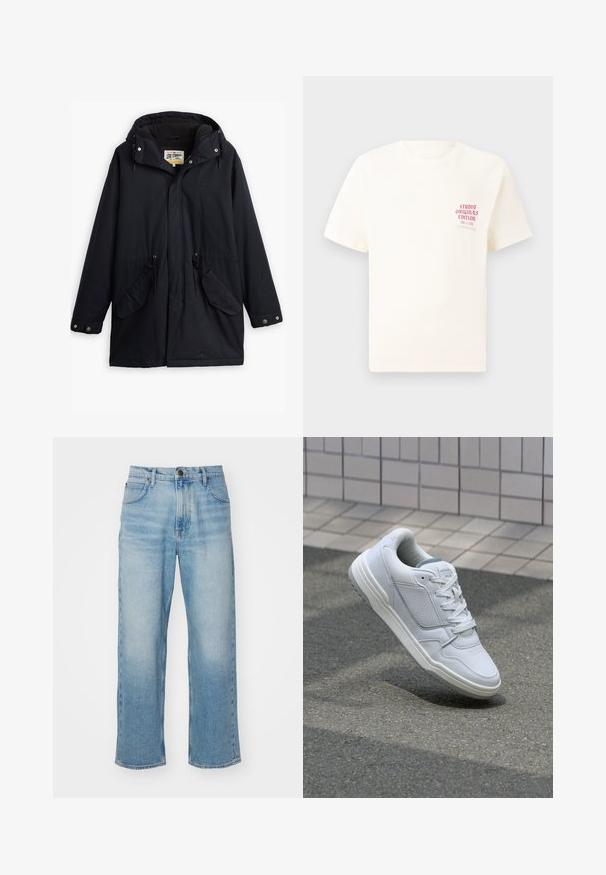 Parka noire imperméable avec capuche amovible, taille réglable par cordon, deux poches latérales et doublure douce. Comprend des fermetures à pression et un tissu durable.; T-shirt blanc à manches courtes avec le texte rouge "Édition Originals du Studio" sur la poitrine gauche, présenté sur un fond gris neutre.; Jeans en denim droit bleu clair avec poches avant, passants de ceinture et fermeture à bouton.; Baskets en cuir blanc avec des côtés perforés, des accents texturés, des lacets plats et un talon gris contrasté. Présente une semelle légèrement surélevée.