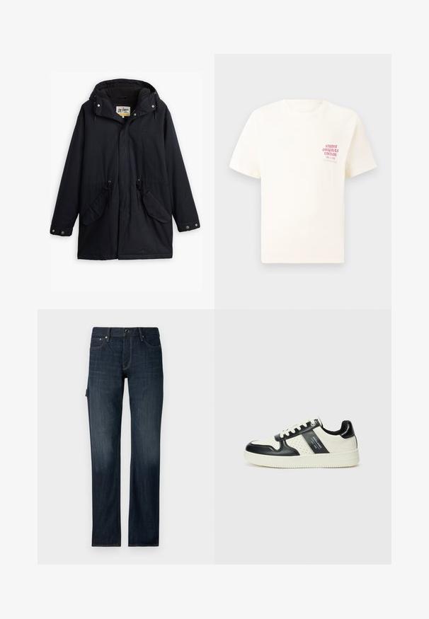 Parka impermeável preta com capuz destacável, cintura com cordão, dois bolsos laterais e um forro macio. Apresenta fechos de pressão e tecido durável.; T-shirt branca de mangas curtas com o texto vermelho "Edição Originais do Estúdio" no lado esquerdo do peito, apresentada sobre um fundo cinza neutro.; Jeans de denim azul escuro com um design de perna reta, apresentando um fecho frontal com botão e dois bolsos laterais. Textura suave com desbotamento sutil.; Ténis de couro com um esquema de cores em preto e creme, apresentando detalhes perfurados, um colarinho acolchoado e uma sola texturizada.