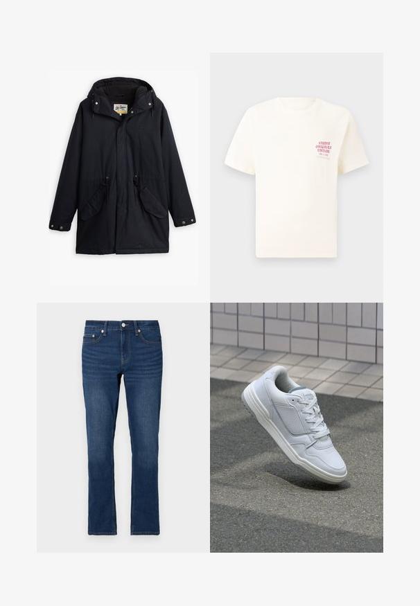 Melna ūdensizturīga parka ar noņemamu kapuci, regulējamu jostu, divām sānu kabatām un mīkstu oderi. Ietekme slēgšanai un izturīgs audums.; Balts īsām piedurknēm T-krekls ar sarkanu tekstu "Studio Originals Edition" uz kreisā krūšu, pakārtots neitrālā pelēkā fonā.; Tumši zili denim džinsi ar taisnu griezumu, kas aprīkoti ar rāvējslēdzēju un pogu aizdari. Redzama šuvju apdare gar šuvēm.; Baltas ādas sporta apavi ar perforētiem sāniem, teksturētām akcentiem, plakanu šņorēšanu un kontrastējošu pelēku papēdi. Iezīmē nedaudz paaugstinātu zole.