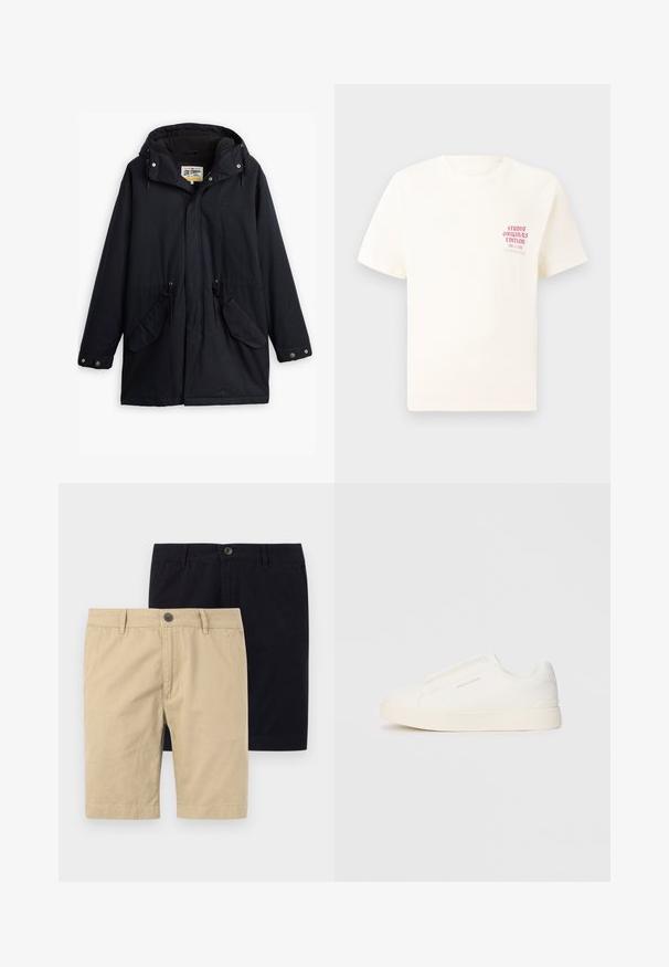 Črna nepremočljiva parka z odstranljivo kapuco, vrvico v pasu, dvema stranskima žepoma in mehkim podlogom. Vključuje gumbe za zapiranje in trpežno tkanino.; Bela majica s kratkimi rokavi z rdečim napisom "Studio Originals Edition" na levi strani prsnega koša, prikazana na nevtralnem sivo backgroundu.; Dve pare kratkih hlač, ena bež in ena črna, izdelane iz bombaža. Obe imata gumb, ravno sprednjo stran in sta dolžine do kolen.; Bele zapete brez vezalk z teksturirano površino, debelim podplatom in minimalističnim dizajnom. Na strani se nahaja logotip blagovne znamke.