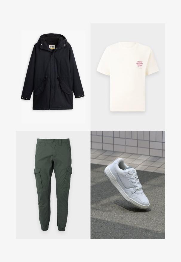 Zwarte waterdichte parka met een afneembare capuchon, een taille met trekkoord, twee zijzakken en een zachte voering. Voorzien van drukknoopsluitingen en duurzaam materiaal.; Witte T-shirt met korte mouwen met rode tekst "Studio Originals Edition" op de linker borst, weergegeven op een neutrale grijze achtergrond.; Jack & Jones JPSTPAUL FLAKE - Cargobroek - urban chic; Witte lederen sneaker met geperforeerde zijkanten, gestructureerde accenten, platte veters en een contrasterende grijze hiel. Voorzien van een iets verhoogde zool.