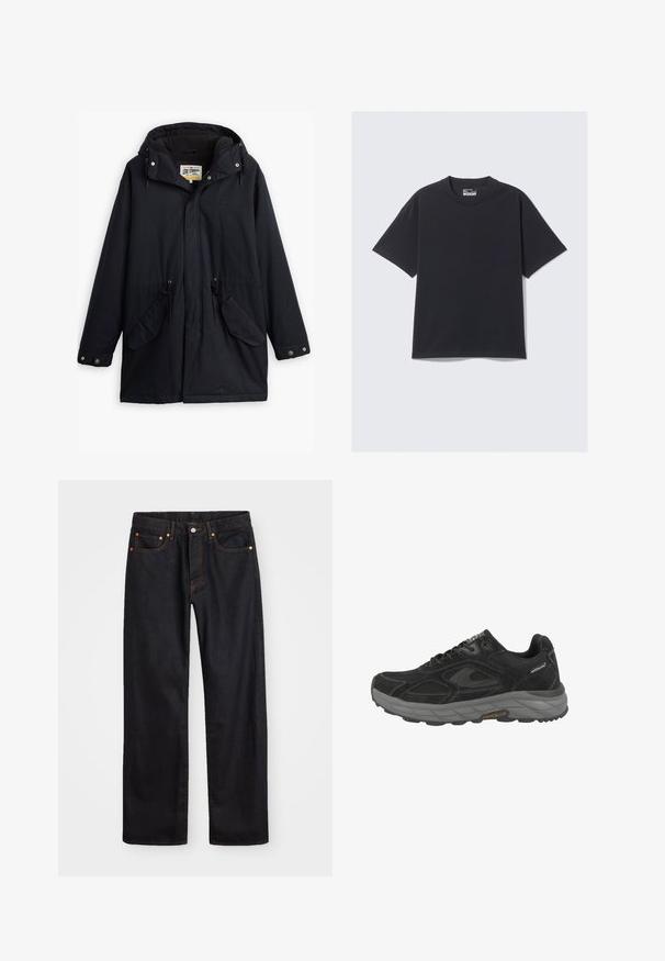 Černá voděodolná parka s odnímatelnou kapucí, stažením v pase, dvěma bočními kapsami a měkkou podšívkou. Obsahuje patentky a odolnou tkaninu.; Černé bavlněné tričko s klasickým kulatým výstřihem, krátkými rukávy a volným střihem. Hladká textura s minimálními stehovými detaily.; Pánské černé džíny rovného střihu s pěti kapsami a oranžovým prošíváním, s knoflíkem a zipem na předním pásku.; Černá atletická obuv s svrchním materiálem z semiše a síťoviny, šedou gumovou podešví, kulatou špičkou, šněrovacím designem a kontrastním prošíváním.