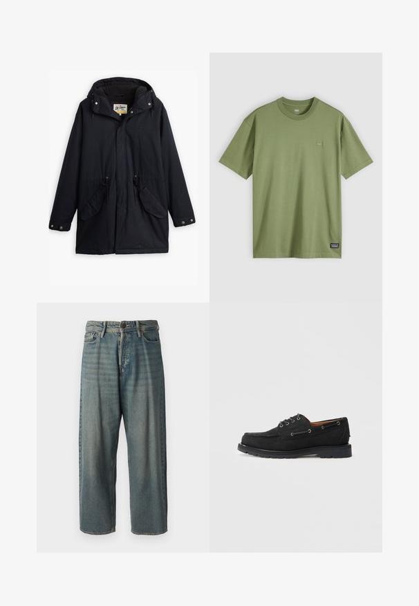 Parka impermeável preta com capuz destacável, cintura com cordão, dois bolsos laterais e um forro macio. Apresenta fechos de pressão e tecido durável.; T-shirt de algodão verde oliva com decote redondo e mangas curtas. Apresenta um pequeno logótipo discreto no peito e uma etiqueta de marca tecida na barra.; Jeans de ganga azul claro com um corte solto, cintura média e pernas retas. Apresenta cinco bolsos, passadores de cinto e fecho com botão.; Sapatilhas de barco em camurça preta com fecho de atacadores, ilhós de metal, costura contrastante e solas de borracha resistentes para melhor aderência.