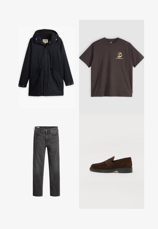 Zwarte waterdichte parka met een afneembare capuchon, een taille met trekkoord, twee zijzakken en een zachte voering. Voorzien van drukknoopsluitingen en duurzaam materiaal.; Donkerbruine katoenen T-shirt met korte mouwen, met een gouden logo-opdruk op de linkerkant van de borst en een rode label aan de zijnaad.; Donkergrijze spijkerbroeken met rechte pijpen, vijf zakken en koperen klinknagels. Klassiek ontwerp met een licht vervaagde textuur.; Bruine suède instappers met een ronde neus en stevige zwarte rubberen zool. Beschikt over een decoratieve band en stiksel op de bovenkant.
