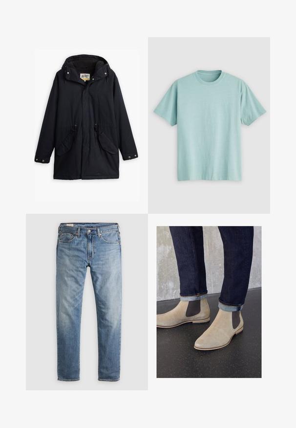 Black waterproof parka with a detachable hood, drawstring waist, two side pockets, and a soft lining. Features snap closures and durable fabric.; Light blue crew-neck t-shirt made of cotton, featuring short sleeves and a small logo on the left chest area. Smooth texture.; Light blue denim jeans with a straight fit. Features five pockets, a zipper fly, and stitching accents. Soft, slightly faded fabric.; Zign LEATHER - Classic ankle boots - sand