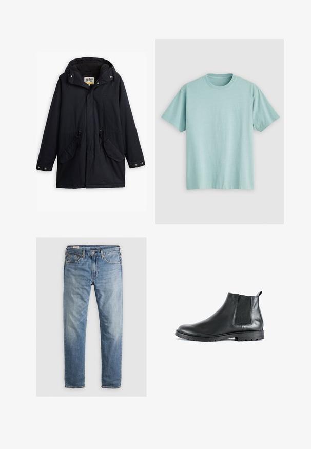 Czarna wodoodporna parka z odpinanym kapturem, regulowanym w pasie, dwoma bocznymi kieszeniami i miękką podszewką. Posiada zatrzaski i wytrzymały materiał.; Jasnoniebieska koszulka typu crew-neck wykonana z bawełny, z krótkimi rękawami i małym logo na lewej części klatki piersiowej. Gładka faktura.; Jasnoniebieskie dżinsy o prostym kroju, z pięcioma kieszeniami i kontrastowymi szwami. Materiał ma lekko wyblakłą teksturę.; Czarne skórzane botki za kostkę z elastycznym panelem bocznym, okrągłym noskiem i teksturowaną gumową podeszwą. Z tyłu znajduje się pętelka do zakładania.