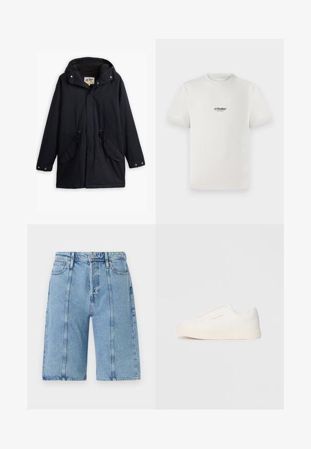 Čierna nepremokavá parka s odnímateľnou kapucňou, sťahovacím pásom v páse, dvoma bočnými vreckami a mäkkou podšívkou. Obsahuje patentky a odolný materiál.; Biela bavlnená tričko s krátkymi rukávmi, s čiernym logom "JJ Studios" na hrudníku. S okrúhlym výstrihom a štandardným strihom.; Svetlomodré denimové šortky s rovným strihom, dizajnom s piatimi vreckami a jemným vyblednutím, s kovovými gombíkmi a akcentmi v podobe stehov.; Biele slip-on tenisky s textúrovaným povrchom, hrubou podrážkou a minimalistickým dizajnom. Obsahuje logo značky na boku.