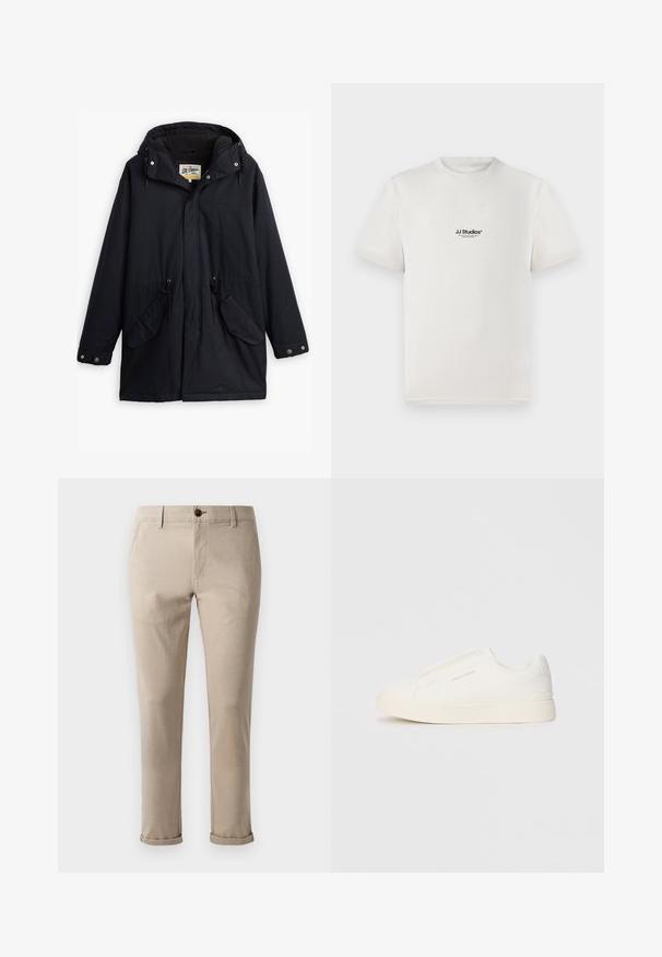 Svart vattentät parka med avtagbar huva, dragsko i midjan, två sidofickor och ett mjukt foder. Har knäppningar och slitstarkt tyg.; Vit bomull t-shirt med korta ärmar, med en svart "JJ Studios" logotyp på bröstet. Rundad hals och vanlig passform.; Jack & Jones STMARCO FURY NOOS - Chinos - atmosphere; Vita slip-on sneakers med en texturerad yta, en tjock sula och minimalistisk design. Har varumärkeslogotypen på sidan.