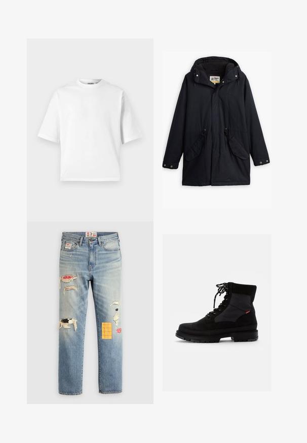 Parka negra impermeable con capucha desmontable, cintura ajustable con cordón, dos bolsillos laterales y forro suave. Presenta cierres a presión y un tejido duradero.; Camiseta blanca de manga corta hecha de algodón. Presenta un cuello redondo clásico y un corte relajado con una textura suave. Sin patrones ni acentos.; Jeans de mezclilla azul claro con un corte relajado, que presentan parches rasgados en varios colores y patrones, incluyendo acentos en naranja y rojo.; Bota negra de ante y textil con cordones, que presenta un cuello acolchado, suela de goma gruesa y texturas contrastantes en la parte superior. Su diseño elegante mejora la durabilidad.