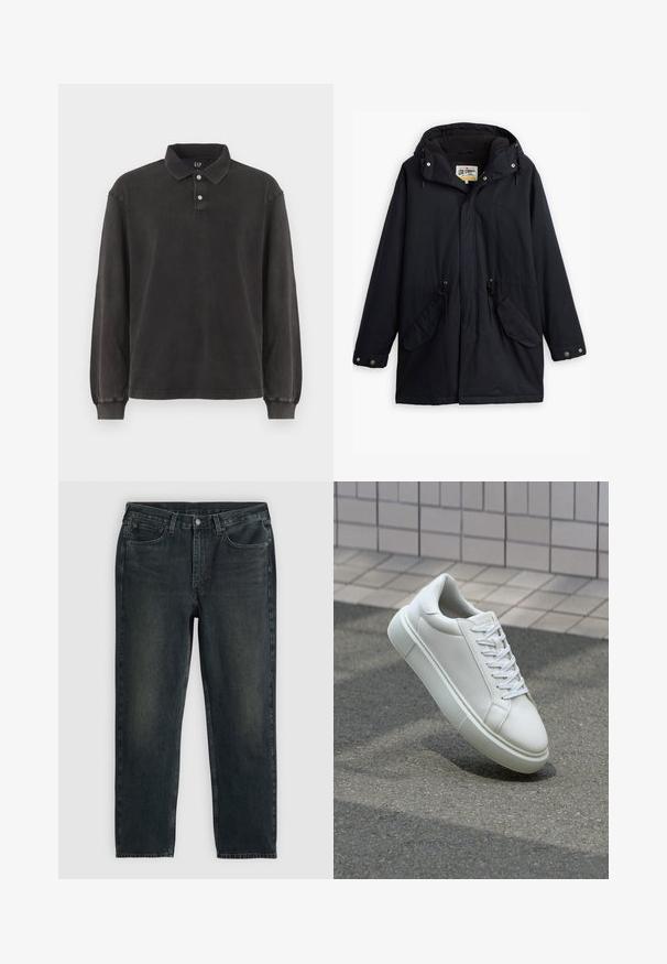 Črna nepremočljiva parka z odstranljivo kapuco, vrvico v pasu, dvema stranskima žepoma in mehkim podlogom. Vključuje gumbe za zapiranje in trpežno tkanino.; Polo majica s dugimi rukavi v temno sivi barvi, s klasičnim ovratnikom, plaketom s tremi gumbi in rebrastimi manšeti. Mehka tekstura z minimalnim dizajnom.; Temno modri traper hlače z ravnim krojem, opremljene s petimi žepi, zadrgo in kontrastnim šivom. Nežna bledica na tkanini.; Bela usnjena teniska obutev z gladko površino, okroglo konico in ravnimi belimi vezalkami. Ima teksturiran gumijast podplat in minimalne oblikovalske elemente.