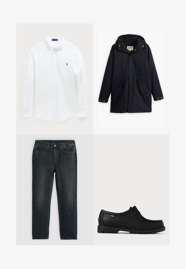 Czarna wodoodporna parka z odpinanym kapturem, regulowanym w pasie, dwoma bocznymi kieszeniami i miękką podszewką. Posiada zatrzaski i wytrzymały materiał.; Biała koszula z długim rękawem wykonana z bawełny, posiadająca zapięcie na guziki w kołnierzyku oraz małe niebieskie logo polo na klatce piersiowej. Gładka faktura, klasyczny krój.; Granatowe dżinsy o prostym kroju, wyposażone w pięć kieszeni, z zamek błyskawicznym i kontrastowym przeszyciem. Subtelne wyblaknięcie na materiale.; Czarny skórzany but o niskim profilu, okrągłym nosku i teksturowanej podeszwie. Posiada zieloną metkę "POLO" oraz kontrastowe szwy wzdłuż krawędzi.