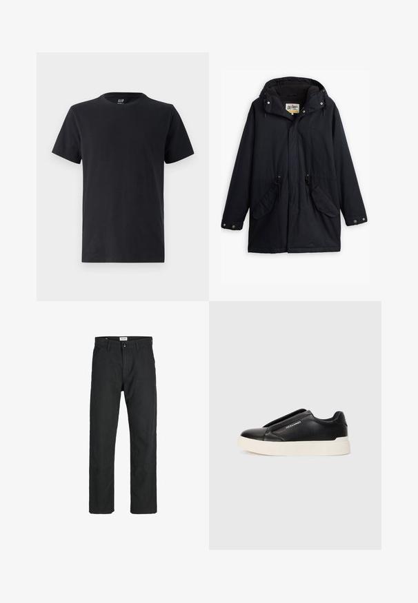 Czarna wodoodporna parka z odpinanym kapturem, regulowanym w pasie, dwoma bocznymi kieszeniami i miękką podszewką. Posiada zatrzaski i wytrzymały materiał.; Czarny bawełniany t-shirt z okrągłym dekoltem i krótkimi rękawami. Gładka tekstura, regularny krój, z logo GAP na kołnierzyku.; Czarne spodnie wykonane z trwałego materiału, z prostym krojem nóg, przeszyciami i dwiema przednimi kieszeniami dla funkcjonalności.; Czarne trampki wsuwane z teksturowanej skóry, biała gumowa podeszwa i brak widocznych sznurówek. Posiadają logo marki z boku.