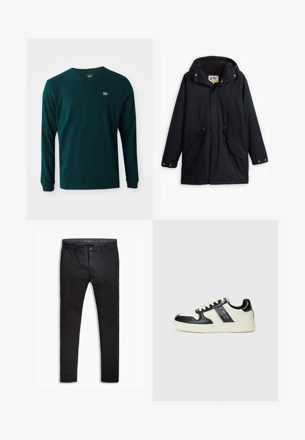 Juodas vandeniui atsparus parka su nuimamu kapišonu, raišteliu juosmeniui, dviem šoninėmis kišenėmis ir minkštu pamušalu. Yra spaudimo užsegimai ir patvari medžiaga.; Tamsiai žalias medvilnės ilgomis rankovėmis marškinėliai su apvalia iškirpte ir mažuoju baltu logotipu kairėje krūtinės pusėje. Lygus audinys, laisvas fasonas.; Juodos medvilnės chinos kelnės su siaurėjančiu siluetu, turinčios penkis kišenes, diržo kilpos ir lygų paviršių. Su užtrauktuku ir mygtuko uždarymu.; Odiniai sportbačiai juodos ir kreminės spalvų schemoje, su perforuotais akcentais, paminkštinta apykakle ir tekstūruotu padu.