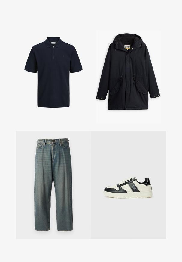 Parka neagră impermeabilă cu glugă detașabilă, talie ajustabilă cu șnur, două buzunare laterale și o căptușeală moale. Dispune de închideri cu capse și material rezistent.; Polo din bumbac navy cu mâneci scurte, țesătură texturată, guler și fermoar pe jumătate. Prezintă un mic logo pe partea stângă a pieptului.; Jeans din denim bleu deschis, cu o croială lejeră, talie medie și picioare drepte. Au cinci buzunare, bucle pentru curea și închidere cu nasture.; Tenisi din piele cu un scheme de culori negru și crem, dotati cu accente perforate, guler căptușit și o talpă texturată.