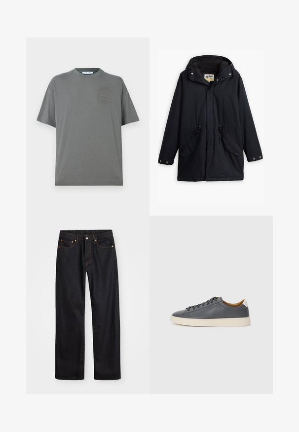 Must värvitud veekindel parka äratavaba kapuutsi, reguleeritava vöökoha, kahe küljetasku ja pehme voodriga. Omab nööpkinnitusi ja vastupidavat kangast.; Hall hall ja t-särk ümmarguse kaelusega, lühikeste varrukatega ja väikese, nüansseeritud logoga ees. Lihtne disain, millel on vabalt langev lõige.; Meeste sirge jala mustad denim teksad viie taskuga, oranž õmblus, nupu ja tõmblukuga ees nagu vöökoht.; Hallhalli nahast tossud ümmarguse varbaga, kummist tallaga, lamedate paeltega ja heledate aktsentidega kontsadel. Sile tekstuur ja minimalistlik disain.
