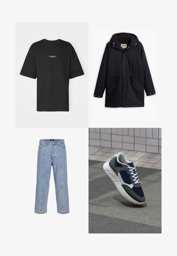 Must värvitud veekindel parka äratavaba kapuutsi, reguleeritava vöökoha, kahe küljetasku ja pehme voodriga. Omab nööpkinnitusi ja vastupidavat kangast.; Must mustkleeve t-särk, mis on valmistatud puuvillast, sellel on rinna peal valge print "ORIGINALS asutatud 1970", lõdva istuvuse ja ümmarguse kaelusega.; Heledad sinine teksapüksid, millel on lai lõige, laiad sääred ja nähtavad õmbluse detailid. Omab nööbiga ja lukuga kinni tõmmatavat piirdu, viis taskut.; Sneaker, mille sinine võrkkangas, hallid nubukdetailid, valge kummitald ja lamedad valged paelad, disainitud mugavuseks ja hingavuseks.