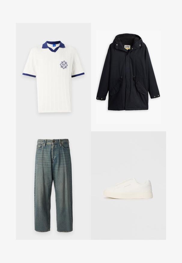 Must värvitud veekindel parka äratavaba kapuutsi, reguleeritava vöökoha, kahe küljetasku ja pehme voodriga. Omab nööpkinnitusi ja vastupidavat kangast.; Valge lühikeste varrukatega polo-särk, millel on tumesinine krae ja ääreline. Omab tekstuurset mustrit ja tumesinist embleemi, millel on kiri "EST 1980".; Heledad sinine denim-stiilis teksad, volüümse lõike, keskmise kõrgusega talje ja sirgete säärega. Omab viit taskut, vöökumme ja nööpide sulgemist.; Valged libisemiskindlad tossud tekstuuriga pinnaga, paksu tallaga ja minimalistikus disainis. Küljel on brändi logo.