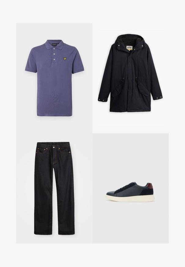 Fekete vízálló parka leválasztható kapucnival, húzózsinóros derékkal, két oldalsó zsebből és puha béléssel. Patentos záródással és tartós anyaggal rendelkezik.; Sötétlila pamut pólóing klasszikus gallérral, háromgombos patenttel és sárga hímzett logóval a bal mellen.; Férfi egyenes szabású fekete farmernadrág öt zsebbel és narancssárga varrással, gombos és cipzáros záródással elöl.; Fekete bőr és velúr alacsony szárú férfi sneaker, bordó sarokpanellel és fehér gumi talppal, oldalnézetből.