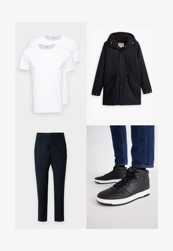 Must värvitud veekindel parka äratavaba kapuutsi, reguleeritava vöökoha, kahe küljetasku ja pehme voodriga. Omab nööpkinnitusi ja vastupidavat kangast.; Valged puuvillased T-särgid kahekaupa. Ümar kaelus, lühikesed varrukad ja sile tekstuur. Mustreid või graafikat pole.; Tumesinine puuvillasegu riidest püksid, sirge jala disainiga, nööbi kinnitusega ja küljetaskutega. Sile tekstuur.; Mustad kõrged spordijalatsid, mis on valmistatud tekstuuritud nahast, mustade paeltega, valge kummist tallaga ja väikese logoga küljes.