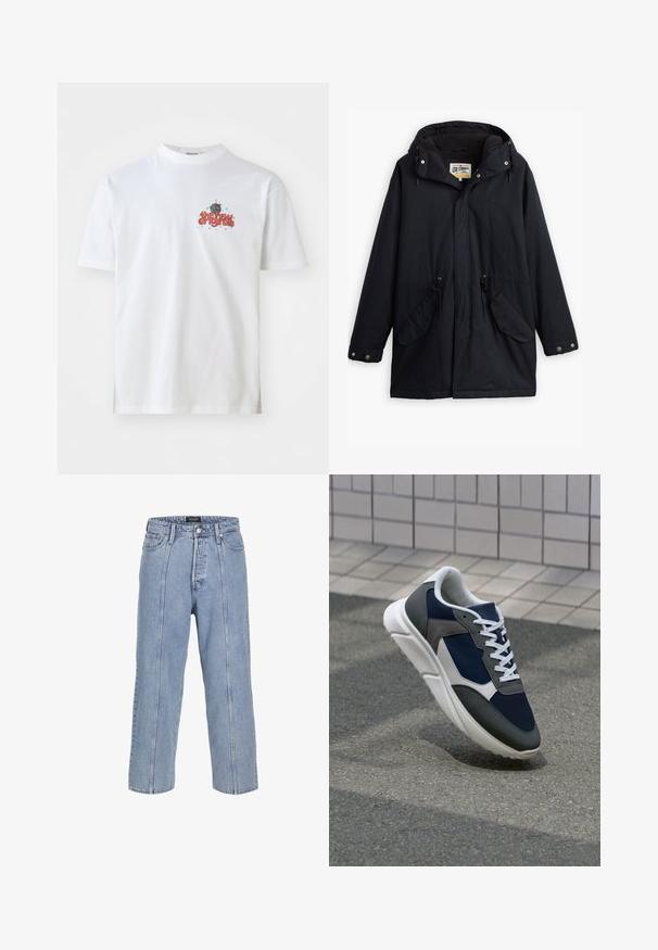 Juodas vandeniui atsparus parka su nuimamu kapišonu, raišteliu juosmeniui, dviem šoninėmis kišenėmis ir minkštu pamušalu. Yra spaudimo užsegimai ir patvari medžiaga.; Balta medvilninė marškinėlių su trumpomis rankovėmis, ant kurių yra raudonas tekstas "nauji originalai" ir mėlynos žvaigždės, apvalia kaklo iškirpte.; Šviesiai mėlynos džinsinės kelnės su laisvu siluetu, plačiomis kojomis ir matomomis siuvimo detalėmis. Turi mygtuką ir užtrauktuką, taip pat penkias kišenes.; Sportiniai bateliai su tamsiai mėlynu tinkliniu viršumi, pilkais zomšiniais akcentais, balta guma padanga ir plokščiomis baltomis raištelėmis, sukurti komfortui ir oro pralaidumui.