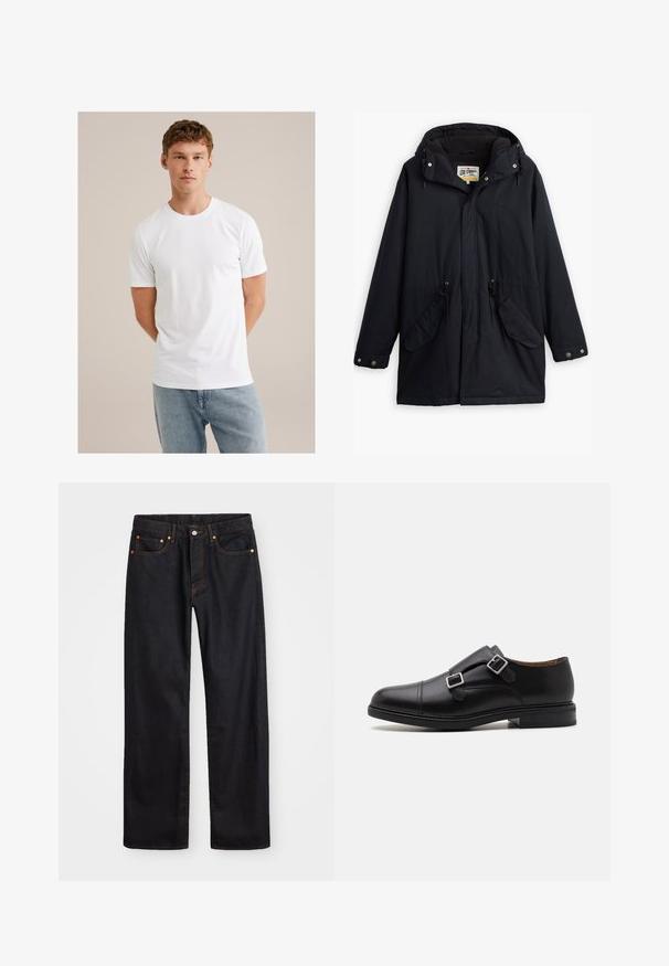 Zwarte waterdichte parka met een afneembare capuchon, een taille met trekkoord, twee zijzakken en een zachte voering. Voorzien van drukknoopsluitingen en duurzaam materiaal.; Jonge man met lichtbruin haar, gekleed in een eenvoudige witte T-shirt met korte mouwen en lichtblauwe jeans tegen een beige achtergrond.; Heren straight-leg zwarte denim jeans met vijf zakken en oranje stiksels, knoop- en ritssluiting op de voorkant van de tailleband.; Zwarte leren dresschoenen met dubbele gesp, ronde neus, subtiele stiksels en een platte, getextureerde rubberen zool.