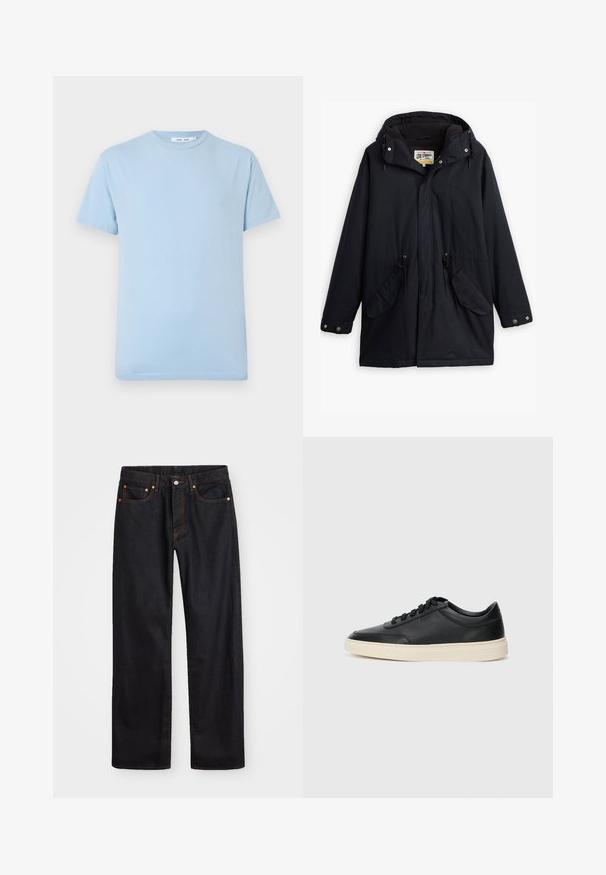 Čierna nepremokavá parka s odnímateľnou kapucňou, sťahovacím pásom v páse, dvoma bočnými vreckami a mäkkou podšívkou. Obsahuje patentky a odolný materiál.; Svetlomodré tričko s krátkym rukávom vyrobené z jemnej bavlny. Klasický okrúhly výstrih s hladkým povrchom a bez viditeľných vzorov alebo akcentov.; Pánske rovné čierne riflové nohavice s piatimi vreckami a oranžovým prešívaním, s gombíkom a zipsom na prednom páse.; Čierne nízkoprevádzkové kožené tenisky s čiernymi šnúrkami a krémovou podrážkou zobrazené v bočnom profile na bielom pozadí.